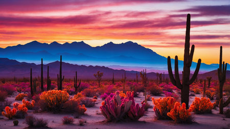 Saguaro National Park, Arizona, USA. Sunset over the Saguaro National Park.の素材