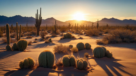Saguaro National Park, California, USA. Sunset over the Saguaro National Parkの素材