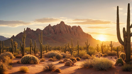 Saguaro National Park, Arizona, USA. Panoramic view of Saguaro National Park at sunset.の素材