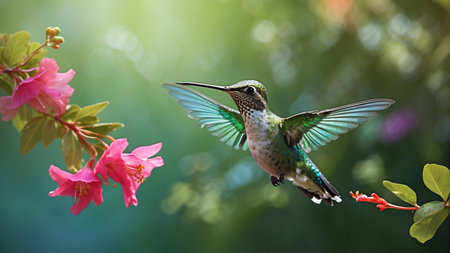Hummingbird in flight with pink flower blossom in background.の素材