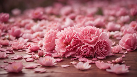 Beautiful pink sakura flowers on wooden background, selective focus.の素材