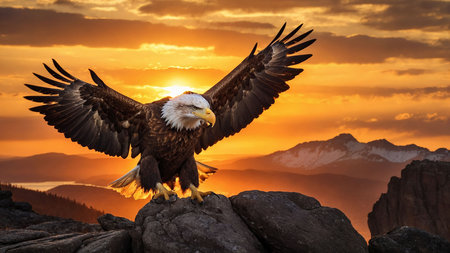 Bald Eagle (Haliaeetus leucocephalus) at sunset in the mountainsの素材