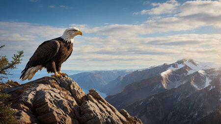 Bald Eagle (Haliaeetus leucocephalus) on the top of a mountain.の素材