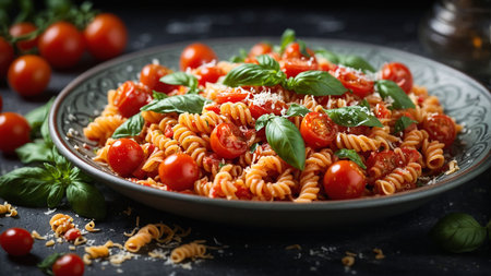 Delicious pasta with tomato sauce and basil on black table, closeupの素材
