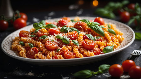 Fusilli pasta with cherry tomatoes, basil and parmesan cheese. Italian cuisineの素材