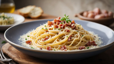 Spaghetti carbonara with bacon and parmesan on wooden backgroundの素材
