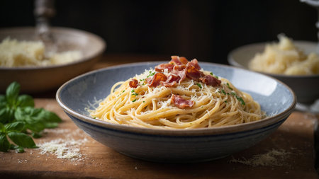 Spaghetti Carbonara with bacon and parmesan cheese on wooden backgroundの素材