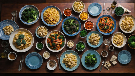 Top view of many different types of pasta in bowls on wooden tableの素材
