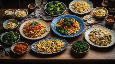 Variety of colorful pasta on rustic wooden table, selective focusの素材