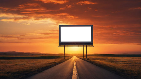 Blank billboard on the road with sunset sky background. 3d renderingの素材