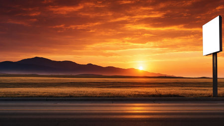 Blank billboard on the road with beautiful sunset in the background.の素材