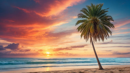 Palm tree on the beach at sunset. Beautiful tropical landscape.の素材