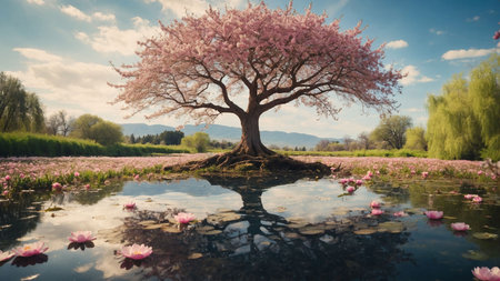 Beautiful blooming sakura tree reflected in the lake. Vintage style.の素材