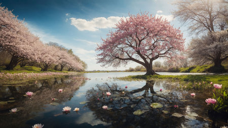 Cherry blossom tree with reflection in the lake. Spring landscape.の素材