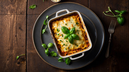 Baked lasagna with mozzarella cheese and basil. Italian cuisineの素材
