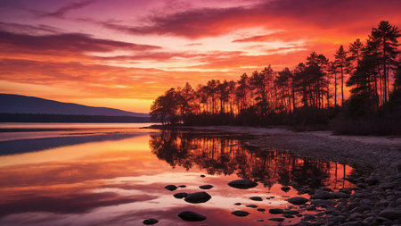 Sunset on the lake with pine trees and reflection in the waterの素材