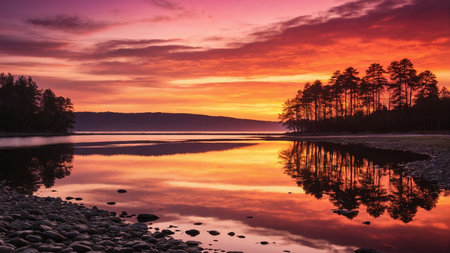 Colorful sunset on the river. Beautiful summer landscape with sunrise over the river.の素材