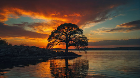 Lonely tree in the lake at sunset. Landscape.の素材