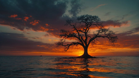 Beautiful sunset over the sea with a tree in the foreground.の素材