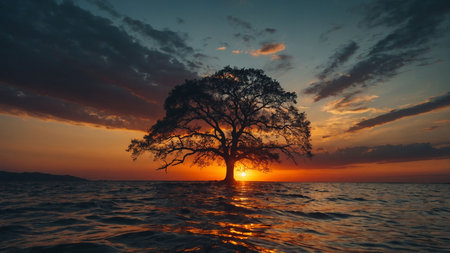 Tree on the sea at sunset. Beautiful landscape with tree silhouette.の素材