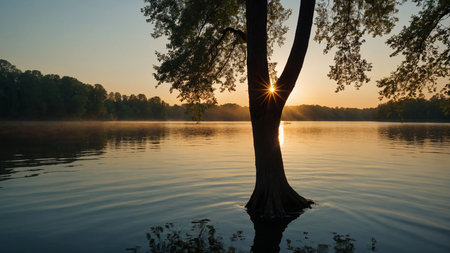 sunset on the lake in the summer morning with trees and fogの素材