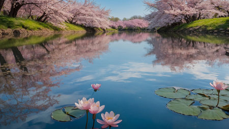 Cherry blossoms in full bloom with reflection in the lake.の素材