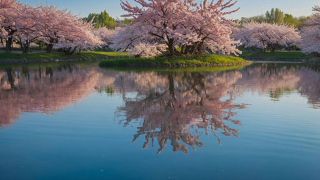 Cherry blossoms reflected in the lake at Hachimantai Park, Tokyo, Japanの素材