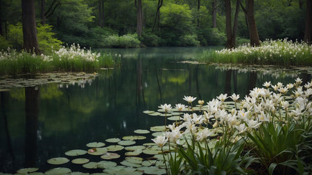 Beautiful spring landscape with water lilies in the forest and lakeの素材