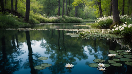 Beautiful landscape with lake and white water lilies in the parkの素材