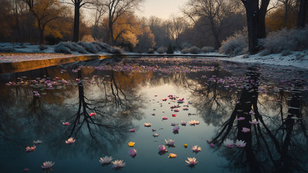 Beautiful lake with lotus flowers in the park in winter.の素材