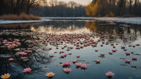 Beautiful water lilies on the lake in the early morning.の素材