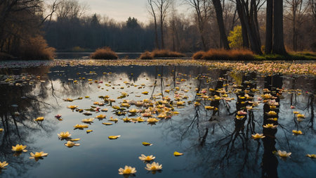 Beautiful water lilies in the pond in the park in autumnの素材