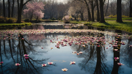 pink water lily in the pond with reflection in the parkの素材
