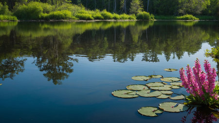 Water lily and lily pads on the shore of the lakeの素材
