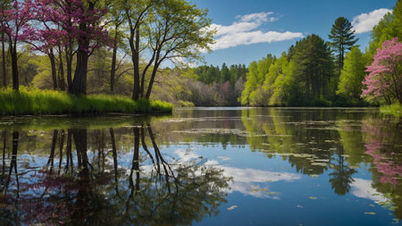 Spring landscape with lake and blooming sakura trees in the parkの素材