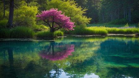 Beautiful spring landscape with blooming sakura tree reflected in lakeの素材