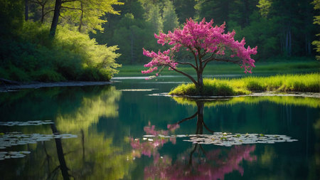 Beautiful spring landscape with a blossoming tree on the lake.の素材