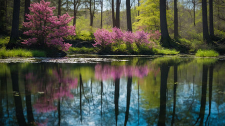 Spring landscape with blooming sakura tree reflected in the lake.の素材