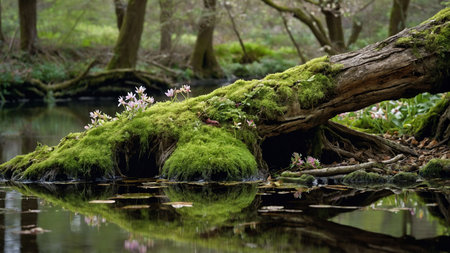 Spring flowers in the forest on the shore of a small river.の素材