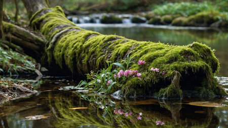 Beautiful pink flowers on a mossy log in a stream.の素材