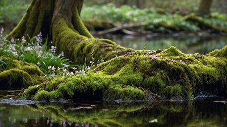 Mossy tree in a small pond with flowers in the foregroundの素材