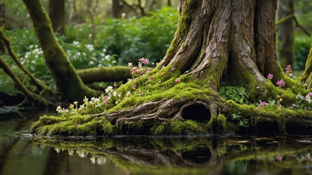 Mossy tree in the forest with flowers in the water.の素材