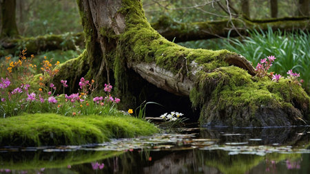 Spring flowers in the forest with mossy tree trunk and reflection in waterの素材