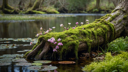 Beautiful blooming pink flowers on a mossy tree trunk in a woodland streamの素材