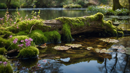 Fallen tree in the middle of a pond with moss and flowersの素材