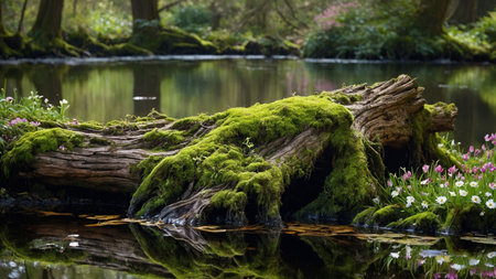 Mossy tree trunk in a small pond with flowers in the backgroundの素材