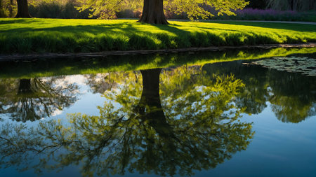 Reflection of a tree in a pond at sunset. Spring landscape.の素材