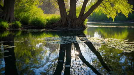 Tree reflection in the lake in the spring forest. Nature composition.の素材