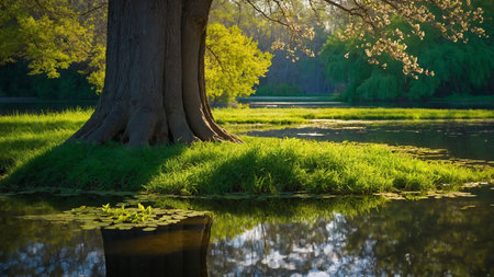 Beautiful spring landscape with willow tree and pond in the parkの素材