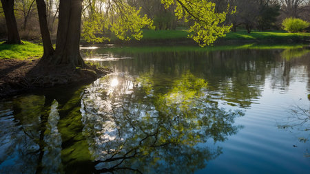 Reflection of trees in the river. Spring landscape. Nature composition.の素材